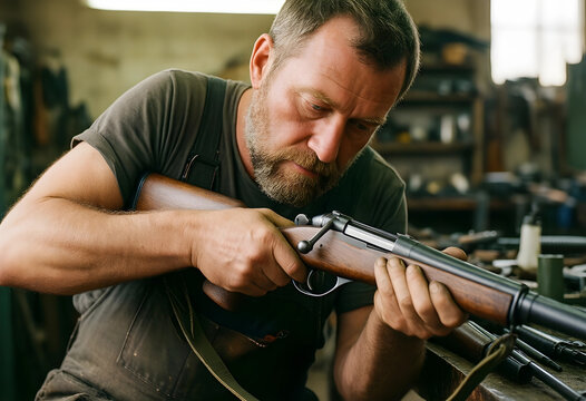 Gunsmithing and firearm maintenance, skilled craftsman repairing a vintage hunting rifle in a traditional workshop with precision and focus