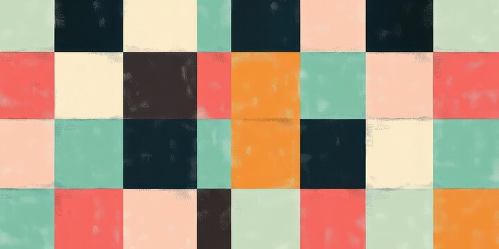 faded colorful geometric grid of pastel and dark squares and rectangles with distressed texture conveying a retro cheerful warm mood