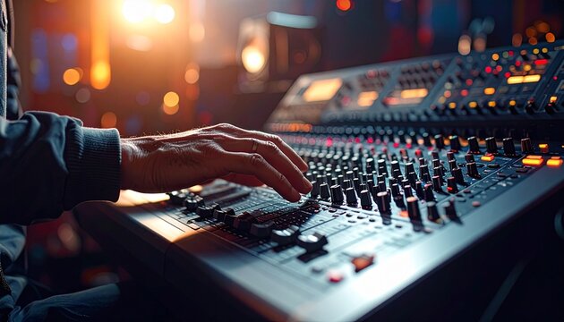 Sound Engineer Operating Audio Mixing Console in Professional Production Studio