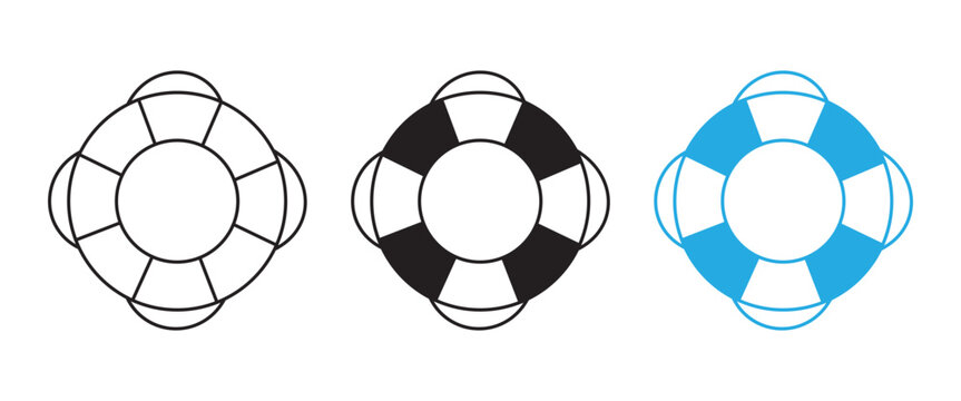 Life Buoy Icon Collection, Lifebuoy Ring and Water Rescue Symbols in Outline and Solid Black Designs, Maritime Safety and Swimming Equipment Illustration Isolated on White Background