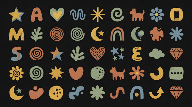 Bohemian Geometric Icons Set: A vibrant collection of abstract shapes, celestial bodies, and nature-inspired motifs, rendered in a muted, earthy color palette for a trendy, artistic feel.