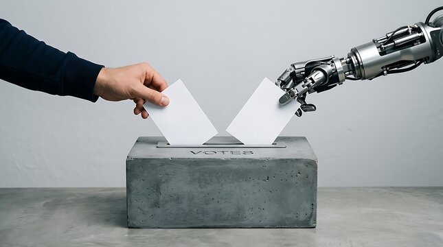 Robot and Human Hand Placing Votes in Ballot Box, Future of Democracy