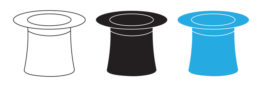 Top Hat Icon Collection, Classic Formal Hat and Magic Hat Symbols in Outline and Solid Black Designs, Elegant Fashion and Vintage Costume Illustration Isolated on White Background