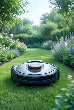 Smart gardening and home automation, robotic lawn mower cutting grass in a lush backyard garden with flowers and trees for efficient landscape maintenance