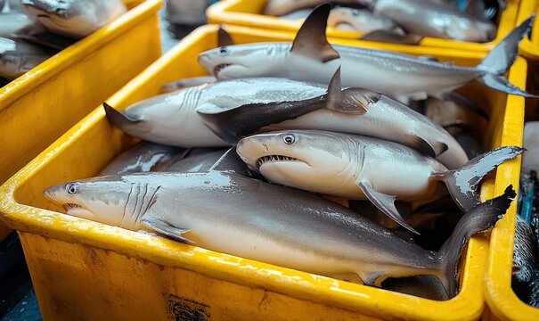 Small sharks packed in yellow plastic crates at a fish market, wet silver bodies and exposed teeth in a stark, unsettling scene