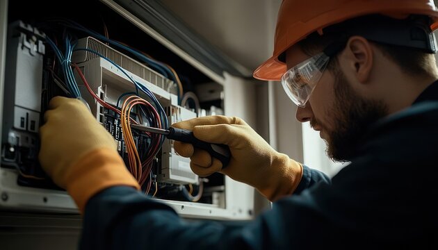 focused electrician in orange hard hat and yellow gloves repairing an electrical control panel with colorful wiring and screwdriver
