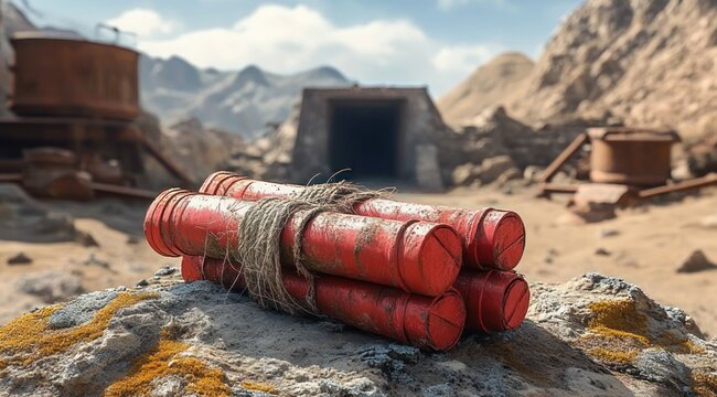 weathered red explosive sticks tied with rough rope on a lichen-covered rock, rusted barrels and mine machinery nearby, desert mountains and dark tunnel entrance, tense ominous mood