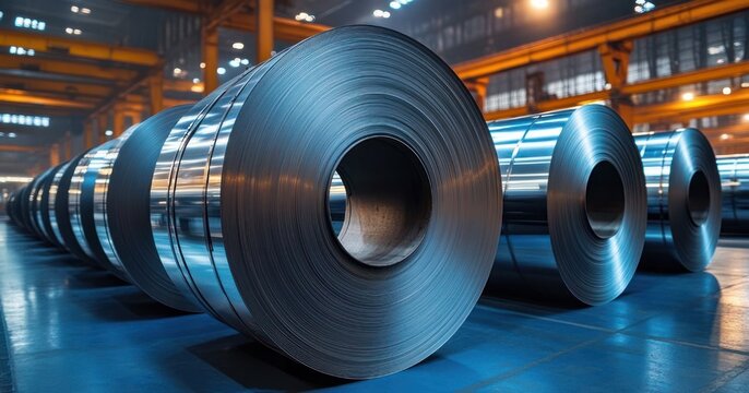 large shiny rolled steel coils on a factory floor under overhead cranes, polished metallic surfaces and cold efficient industrial atmosphere