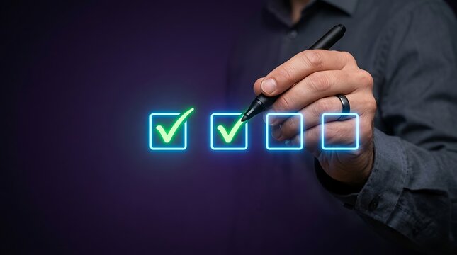 Man's hand with pen marking checklist with neon green checkmarks on dark background