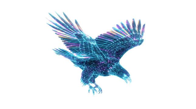 Holographic eagle soaring in flight, digital neon bird with glowing blue wireframe, futuristic eagle illustration on white background