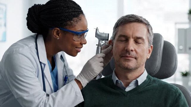 Female ENT doctor examining male patient's ear using an otoscope during medical checkup in clinic