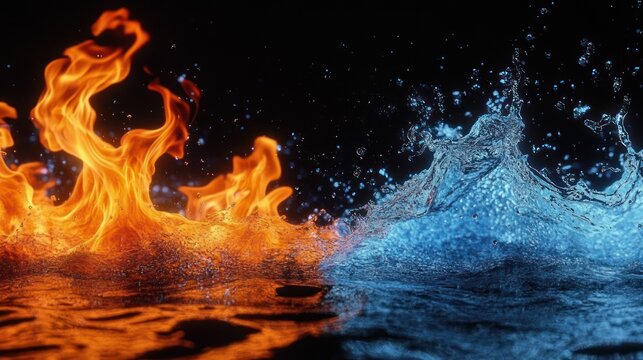 roaring orange fire meeting crashing blue water splash, dramatic elemental contrast and tense energy