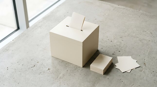 Minimalist beige ballot box with blank paper cards on concrete surface, studio setting