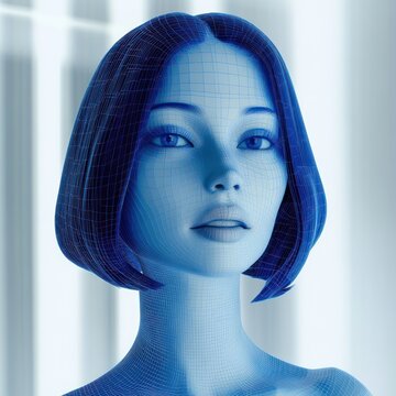 blue wireframe 3d bust with bob haircut and face obscured by a solid blue rectangle, anonymous and mysterious mood against a soft vertical light background