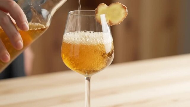 Pouring sparkling golden ginger beer into wine glass garnished with ginger slice on wooden table