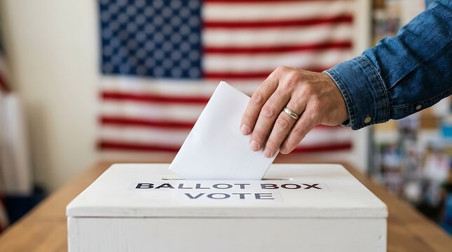 Man's hand with wedding ring casting vote into ballot box with American flag background