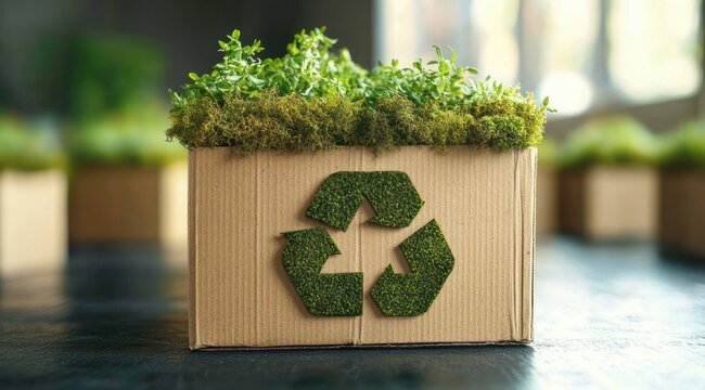 cardboard box topped with live green moss and small seedlings, moss recycling symbol on front, blurred boxes in background conveying hopeful eco-friendly renewal