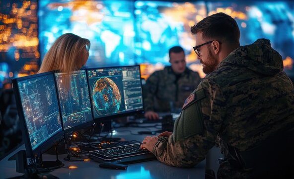 Camouflaged soldiers intently monitoring a digital globe and data on multiple computer screens in a dim command center with an illuminated world map, focused and tense