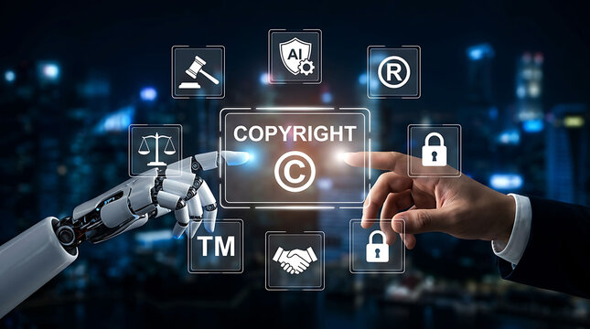AI copyright and intellectual property protection concept with robot and human hands