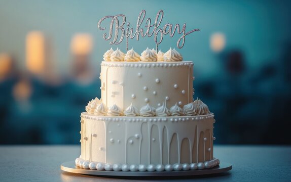 Elegant two-tier white birthday cake with piped rosettes, pearl decorations and dripping icing on a table, soft bokeh lights and warm celebratory mood