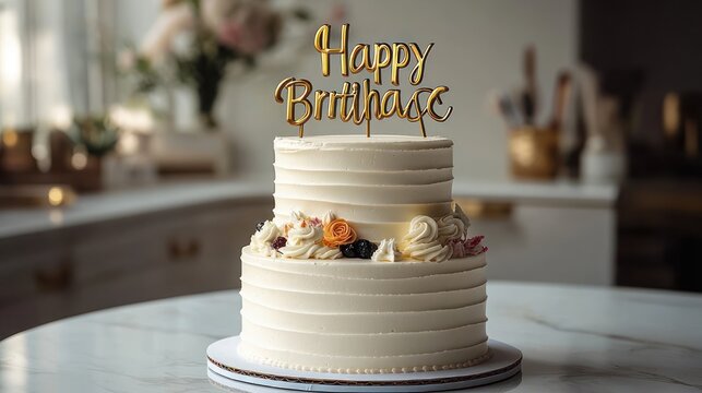Elegant two-tier white buttercream cake with piped swirls, fresh flowers and berries and gold happy birthday topper on marble table, celebratory warm mood