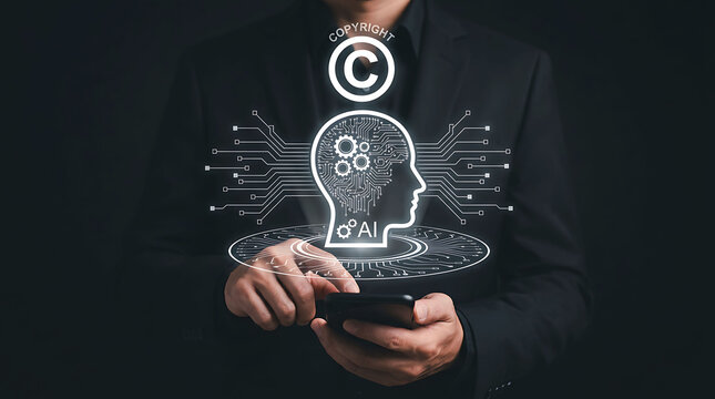 Businessman interacting with artificial intelligence copyright concept technology