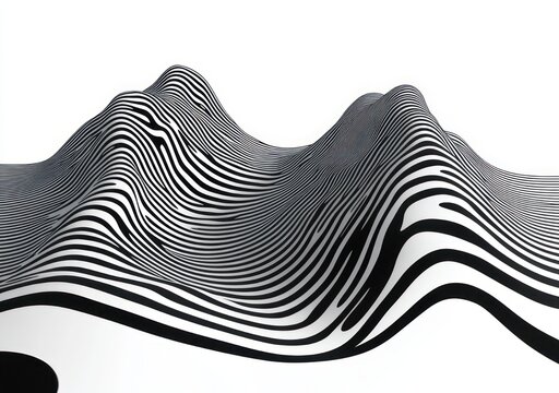 undulating black and white striped surface forming surreal rhythmic hills and waves, dynamic hypnotic optical illusion on a white background