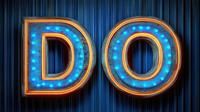 Bold illuminated metallic marquee letters spelling DO with bright blue round bulbs and warm orange inner glow on a dark vertical striped background, vibrant and motivational
