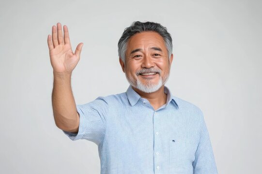 adult man with blurred face wearing blue button-down shirt raising one hand in a greeting or stop gesture against a neutral background