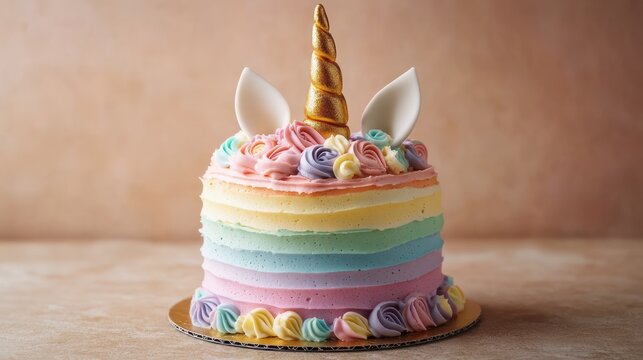 Whimsical pastel rainbow layered unicorn cake with golden horn, white ears, rosette buttercream topping and piped base on neutral tabletop, festive and cheerful
