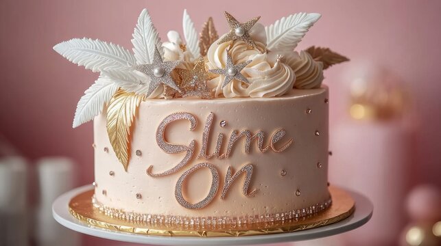 elegant pink single-tier cake with gold lettering spelling slime on, white feather and gold starfish decorations, pearl accents and buttercream rosettes on a gold-edged stand, festive romantic mood
