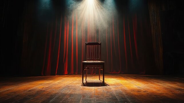 Empty wooden chair on center stage under a single spotlight with red curtains, evoking solitude and anticipation