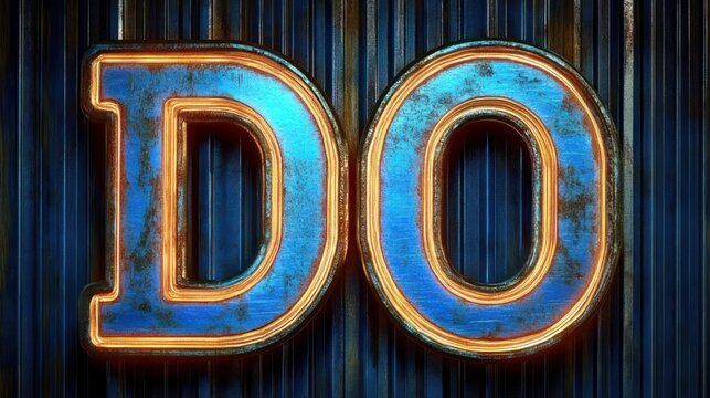 Large glowing distressed blue and gold metallic letters DO on corrugated dark metal background, bold industrial vintage signage with an energetic gritty mood
