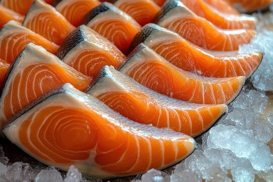 Rows of raw salmon steaks with skin on, glossy orange flesh and white marbling on crushed ice, neatly arranged and appetizing