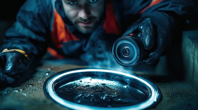 gloved hands inspecting a cylindrical optical lens over a glowing circular ring on a gritty workbench, focused meticulous workshop scene