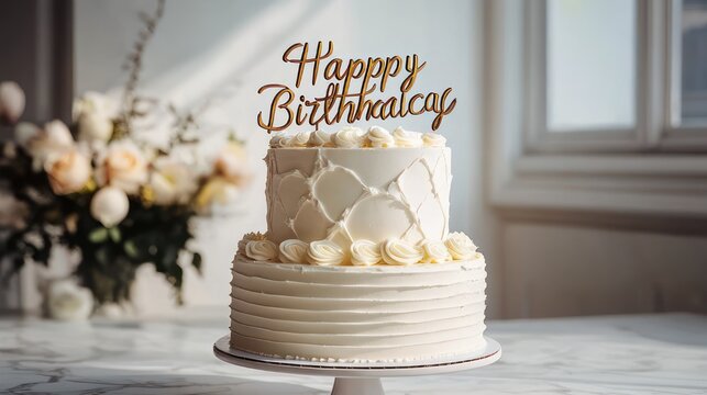 Elegant two-tier white buttercream birthday cake with rosette piping and celebration topper on marble table, soft window light and blurred floral bouquet, joyful mood