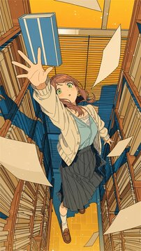 Anime illustration of a surprised young woman leaping to catch a falling blue book between tall library bookshelves in warm orange light，オレンジ色の光に包まれた図書館の本棚の間で、舞い落ちる青い本に手を伸ばす女性のアニメイラスト