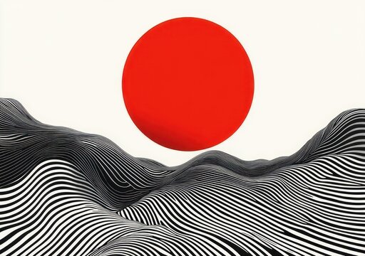 minimalist scene of undulating black and white striped hills beneath a large red sun, evoking a calm and surreal atmosphere