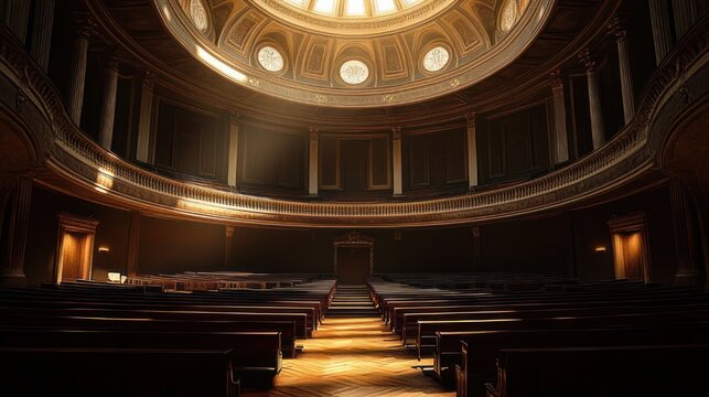 Sunlit domed assembly hall with wooden pews, central aisle leading to a raised chair, ornate balcony and warm golden light creating a solemn, reverent mood
