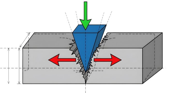 3D Mechanical Diagram of Wedge Simple Machine Demonstrating Force and Cleavage