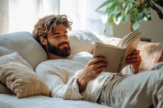 relaxed person lying on a sunlit sofa reading a book with cushions and a houseplant nearby, cozy peaceful atmosphere