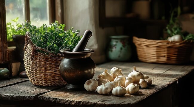 rustic kitchen still life with garlic bulbs, wicker baskets, fresh herbs and a mortar and pestle bathed in warm window light, cozy and peaceful atmosphere