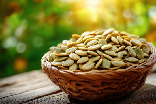 sunlit rustic woven basket overflowing with pumpkin seeds on a wooden table, warm inviting harvest mood with soft green bokeh background