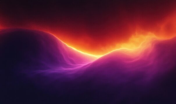 Ethereal glowing purple dunes under a fiery orange horizon, tranquil and dramatic light
