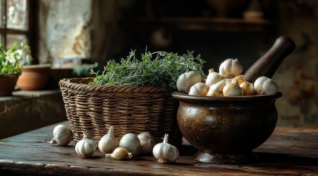 rustic kitchen scene with garlic bulbs in a mortar, woven basket of fresh herbs, soft window light and a cozy warm atmosphere