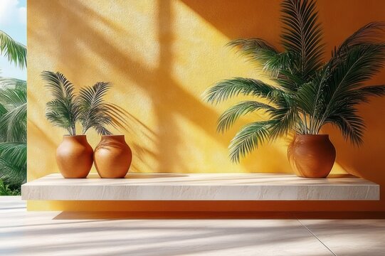 Three terracotta pots with palm plants on a floating stone shelf against a sunlit textured yellow wall, evoking warm calm and tropical serenity