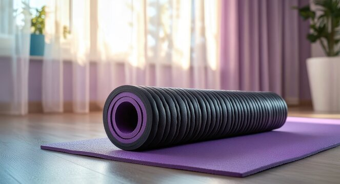 black textured foam roller with purple core on purple yoga mat in sunlit room with sheer curtains and potted plants, evoking calm restorative relaxation