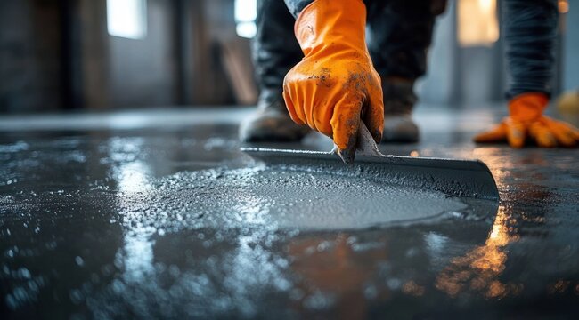 worker's gloved hands smoothing wet concrete floor with trowel, close-up showing boots, reflections and focused careful craftsmanship