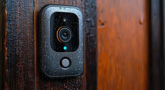 Smart doorbell camera mounted on a rain-speckled wooden door, close-up conveying vigilance and home security