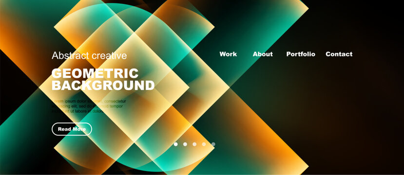 Abstract geometric background with vibrant colors. Website header design includes navigation options, text, button. Modern, dynamic composition.
